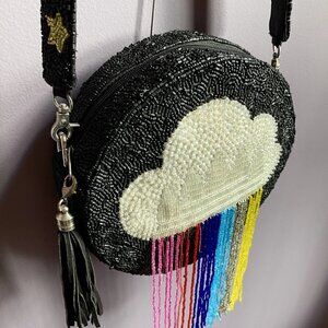 Black Metallic Rainbow Iridescent Cloud Hand Beaded Fringe Shoulder Bag Stars